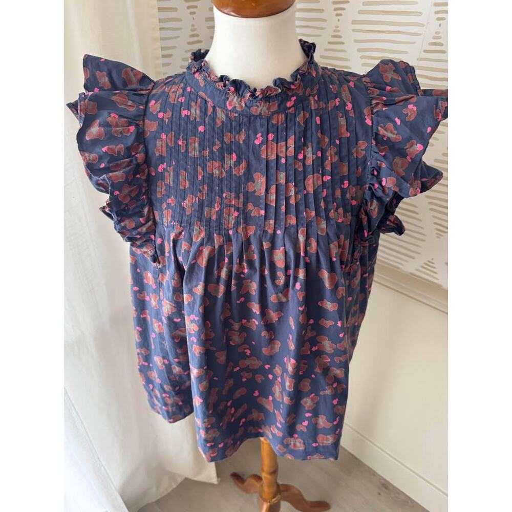 Oliphant Women’s Large Navy Pink Pintuck Ruffle Sleeve Top Blouse - Picture 4 of 9